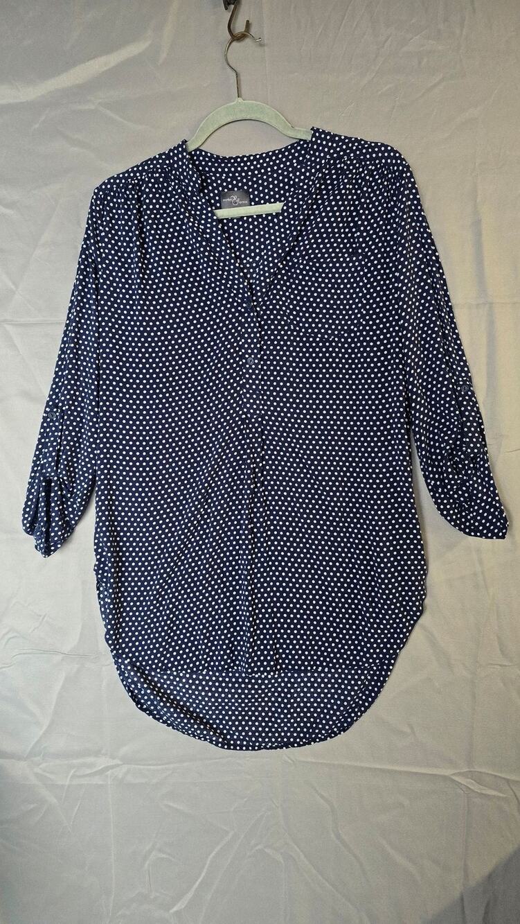 Market & Spruce Blouse Womens Medium Blue Polka Dot Roll Sleeve Tunic Top